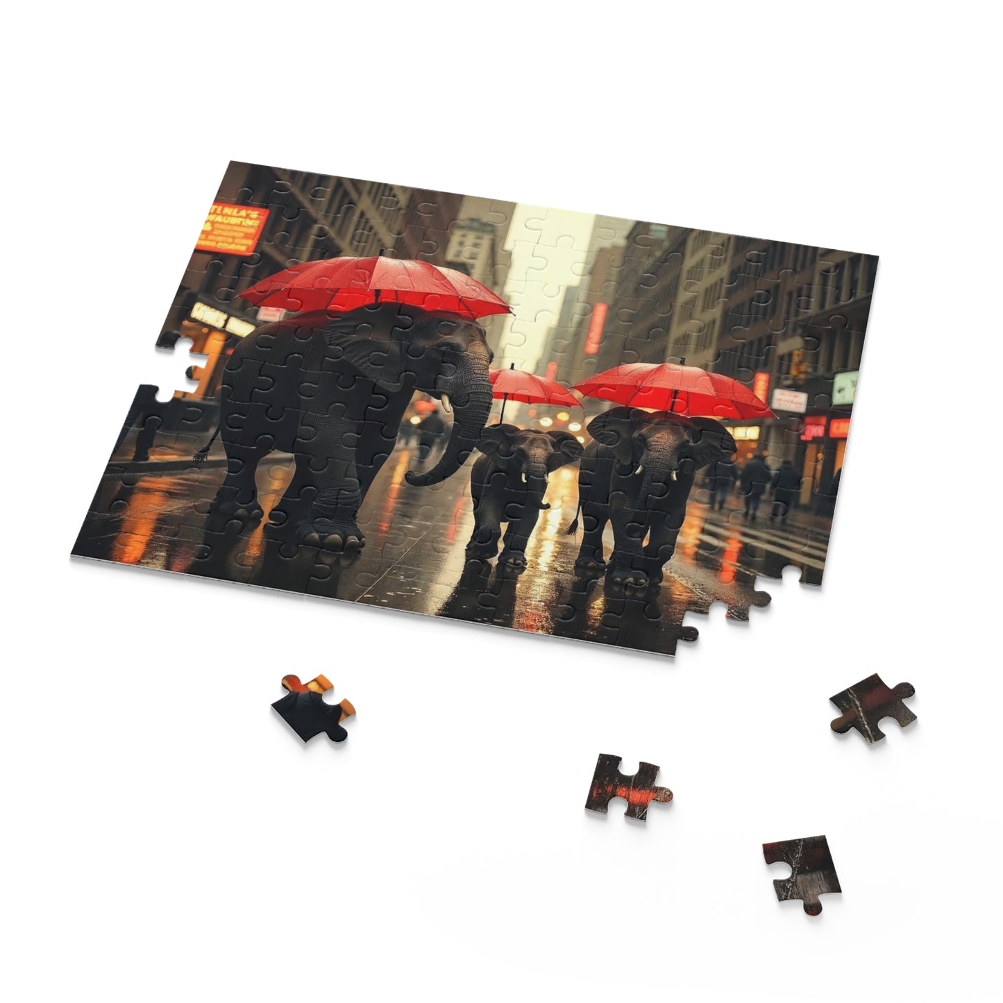 Elephant Parade Puzzle with Red Umbrellas, Jigsaw Puzzle, Family Fun Activity, Elephant Lover Gift, Home Decor, Rainy Day Activity