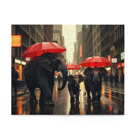 Elephant Parade Puzzle with Red Umbrellas, Jigsaw Puzzle, Family Fun Activity, Elephant Lover Gift, Home Decor, Rainy Day Activity